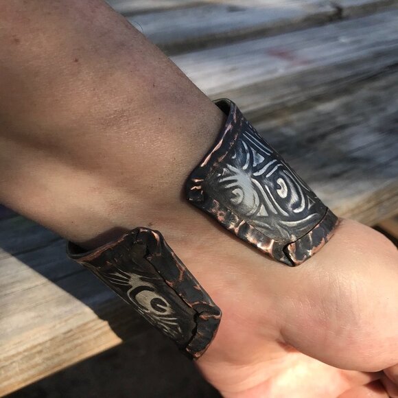 Peacock Embossed Sterling Silver 925 Copper Cuff Wide Rustic Handmade Gladiator - Picture 7 of 8